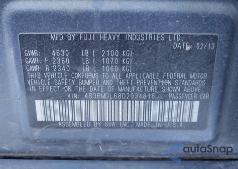 2013 Subaru Legacy 3.6R Limited z USA, uszkodzony, nr VIN 4S3BMDL68D2034816